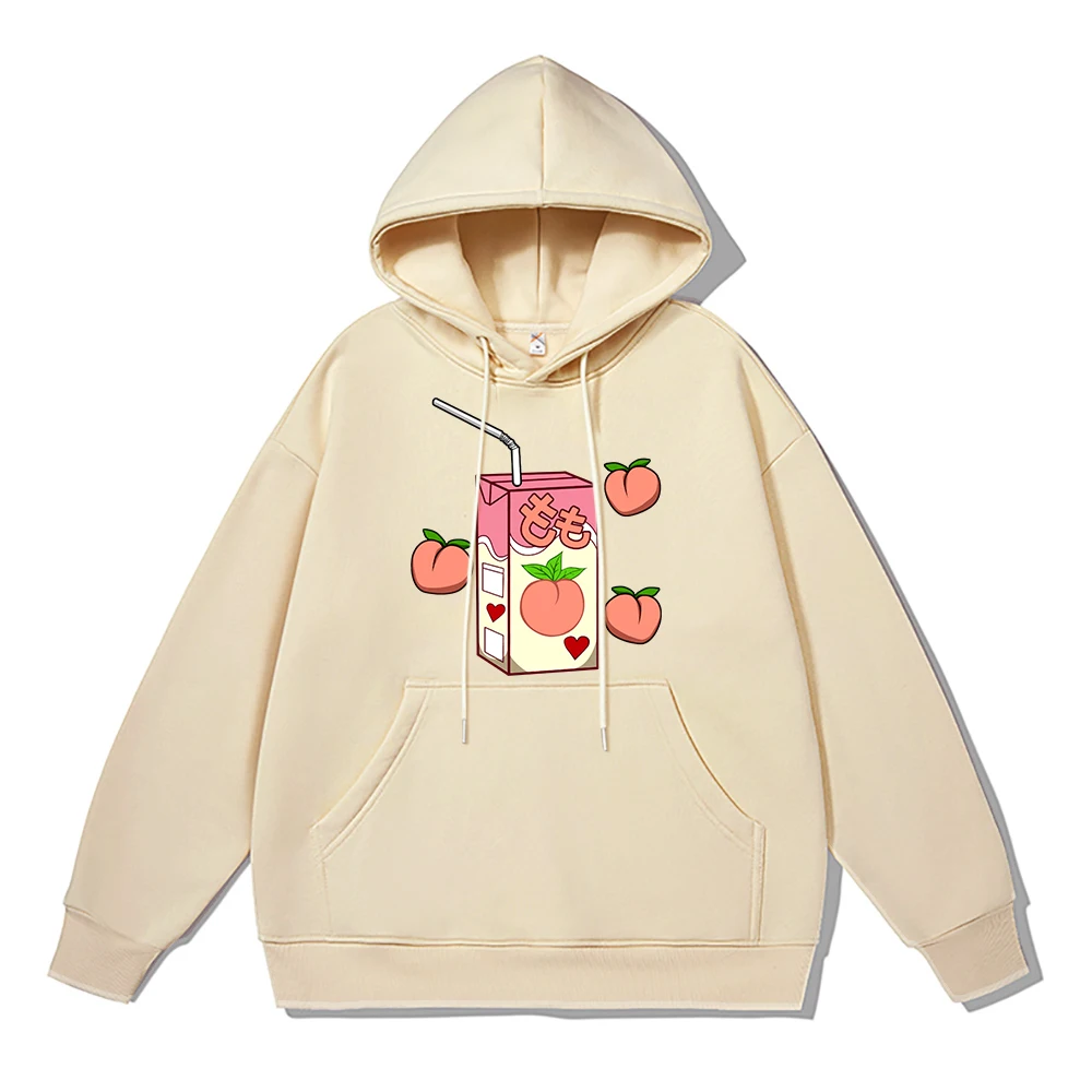 

Peach Flavored Drink Box Kawaii Hoodie Men Cotton Thicken Sweatshirts Winter Warm Fleece Clothing Loose Oversized Sportswears