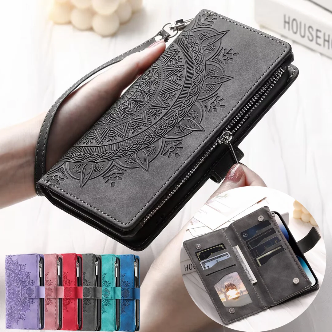Embossed Leather Wallet Phone Case with Card Holder