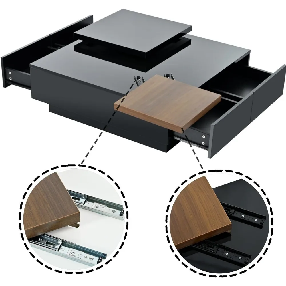 Movable Coffee Table Square High Gloss Surface, with 4 Hidden Storage Drawers Square Center Furniture for Living Room, Black 4