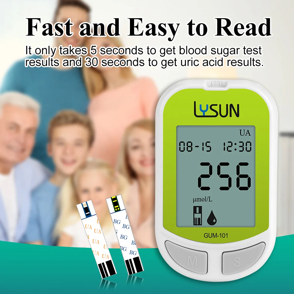 2 in 1 Blood Glucose Monitor Kit with 25 Glucose and 25 Uric Acid Test Strips 50 Lancets Travel Case for Diabetes Testing