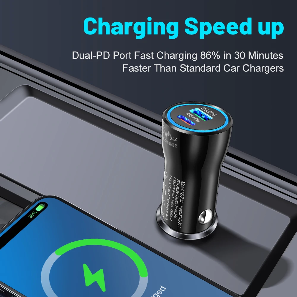 Dual Port 45W Fast Charging Car Adapter with Blue LED