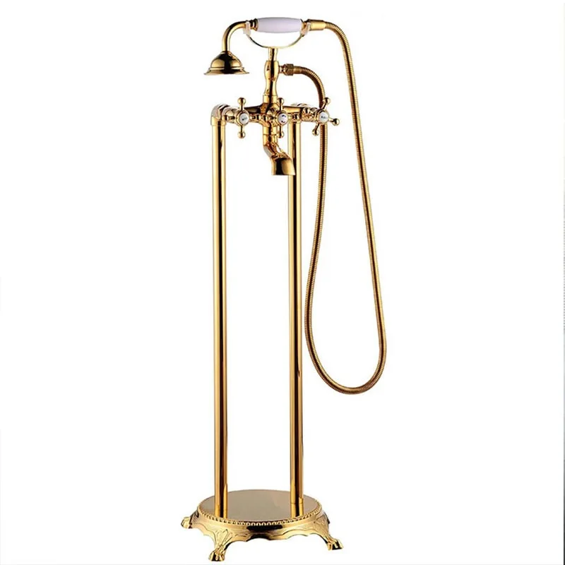 

Floor Mounted Luxury Brass Bath Mixer Tap Double Lever Freestanding Bathtub Faucet Free Standing Bath Tub Faucet