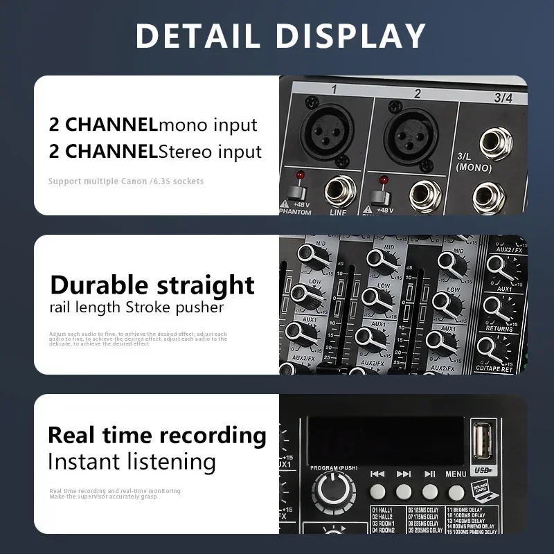 DJ 스튜디오 무대 공연용 오디오 믹서 사운드, 모노 스테레오 입력, 4 채널 디지털 믹싱 콘솔, 2x