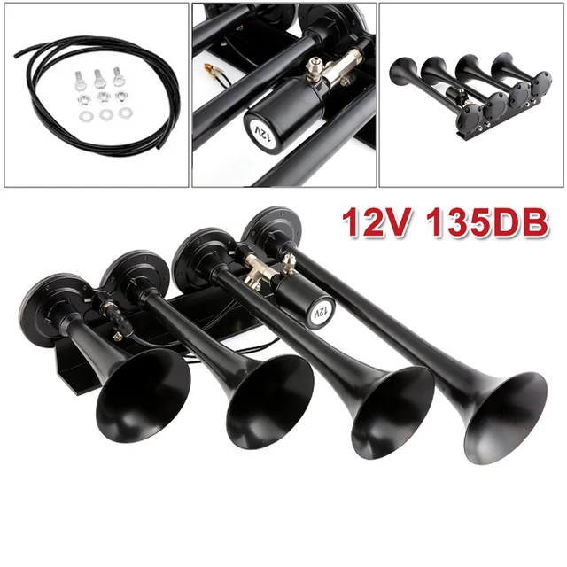 Bocina de aire súper fuerte para coche, Trompeta para camión/tren/Barco,  12V, 135dB, 4 tubos, Negro/plateado - AliExpress