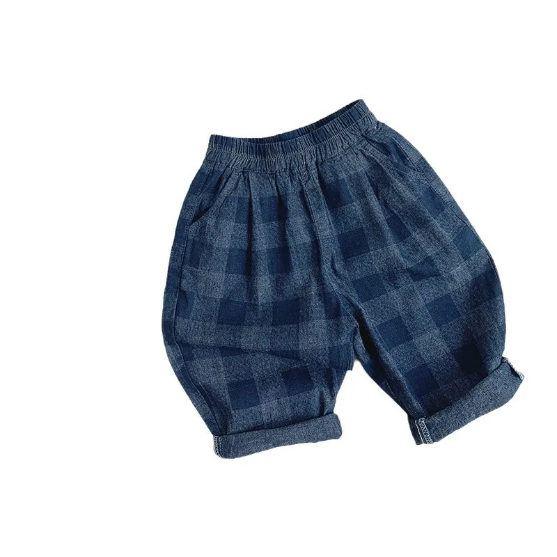 Children's Denim Checkered Pants for Spring 2025, New for Boys and Girls, Korean Version, Japanese Casual Wear, Versatile Pants