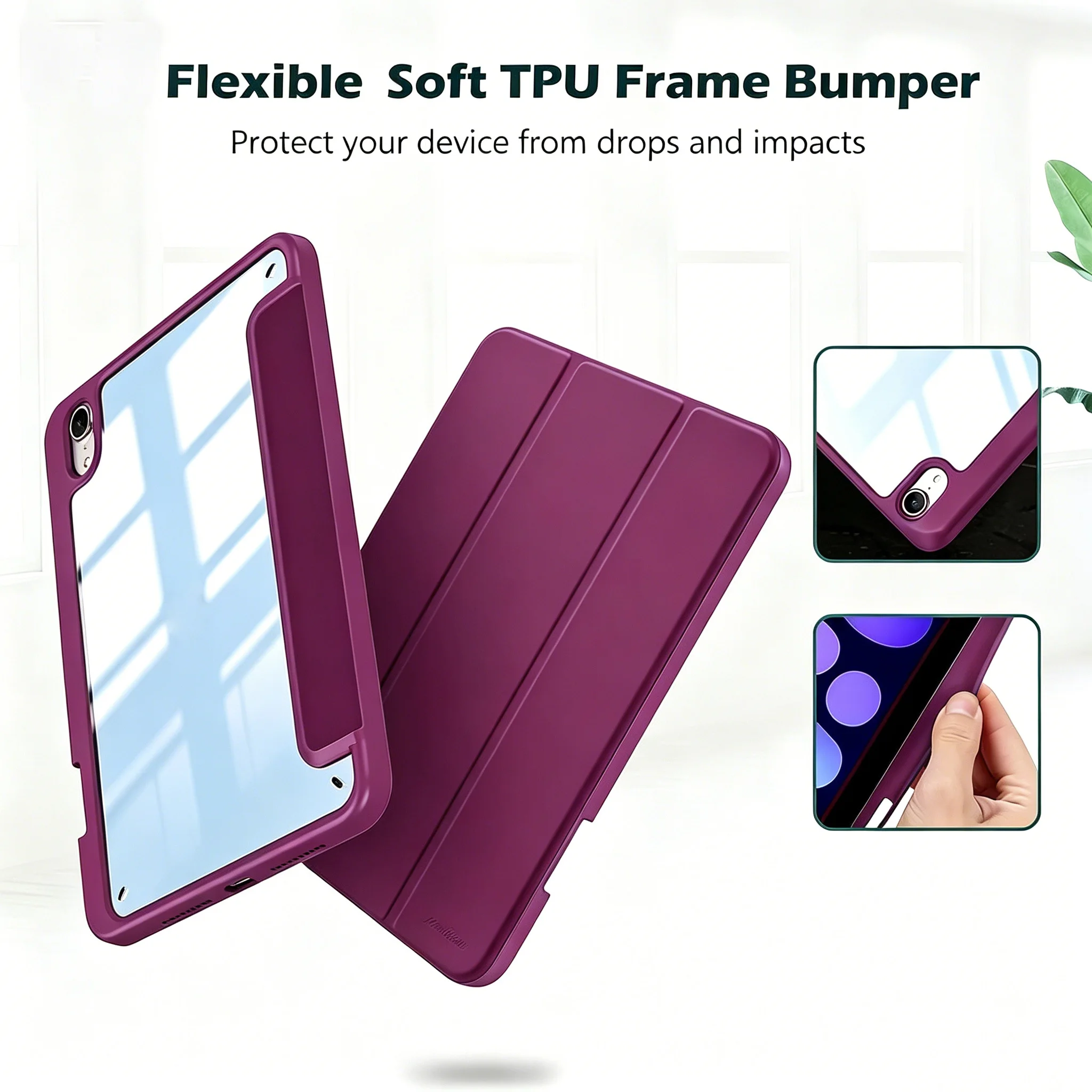 Sleek Trifold Stand Smart Cover with Pencil Holder & Soft TPU Back - Auto Sleep/Wake Functionality
