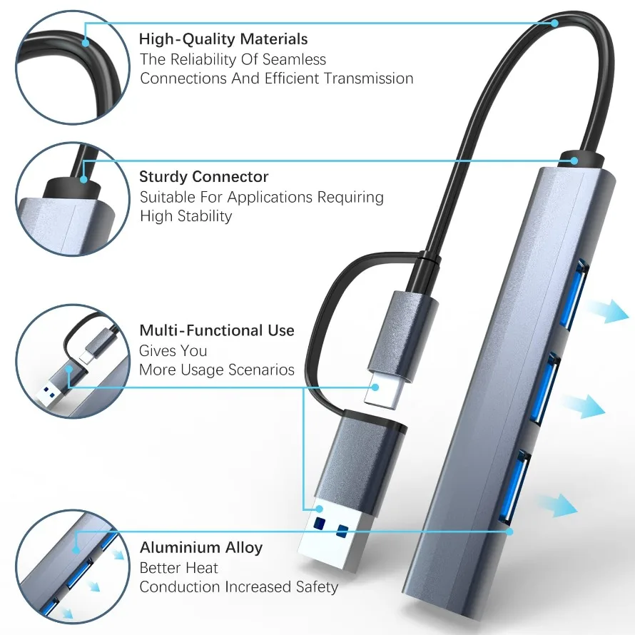 High-Speed Multiport USB 3.0 & USB-C 4-in-2 Hub Splitter