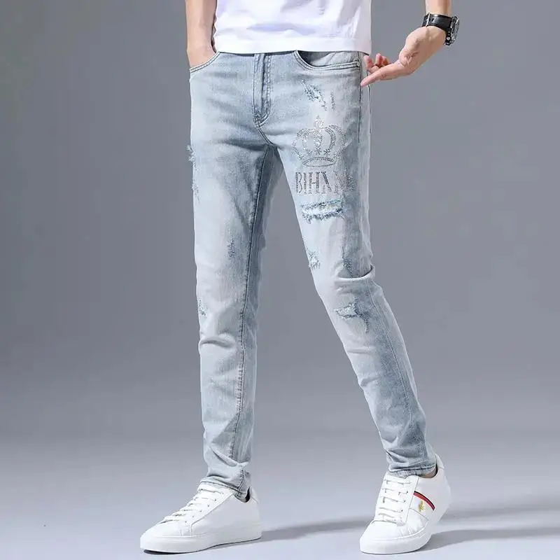 Fashion Stretch Denim Jeans Men's Spring Autumn Ripped Retro Hot Drill Embroidery Slim Small Feet Blue Versatile Long Pants