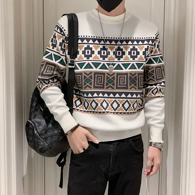 Spring Autumn New Fashion Printing Long Sleeve Sweater Man High Street Casual Loose Jacquard Weave All-match Harajuku Pullovers