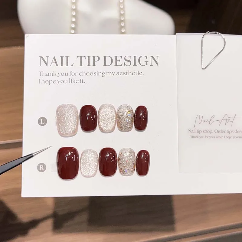 10개/세트 캣아이 스퀘어 핸드메이드 프레스온 네일 스타 패턴 가짜 손톱 착용 가능한 스티커형 네일 풀커버 인조 손톱 네일팁 Unas