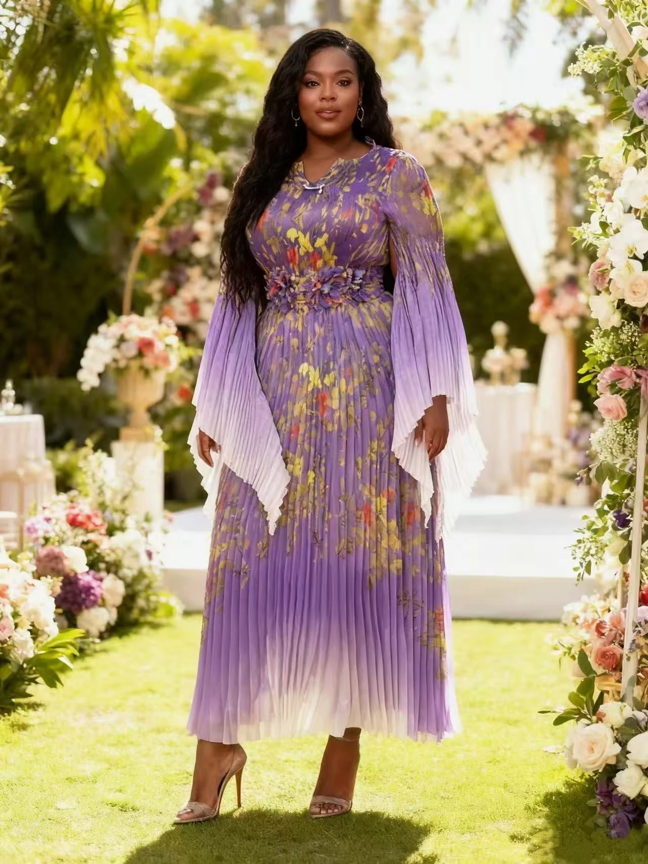 Miyaki Plus-Size Dress Organza Miyake Gown for Banquets, Social Gatherings, Elegant Evening Parties, Weddings, Gradient Style, Slim-Fit Long Dress with a High-End Feel, Fashionable Floral Belt 2