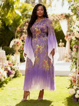 Miyaki Plus-Size Dress Organza Miyake Gown for Banquets, Social Gatherings, Elegant Evening Parties, Weddings, Gradient Style, Slim-Fit Long Dress with a High-End Feel, Fashionable Floral Belt 2