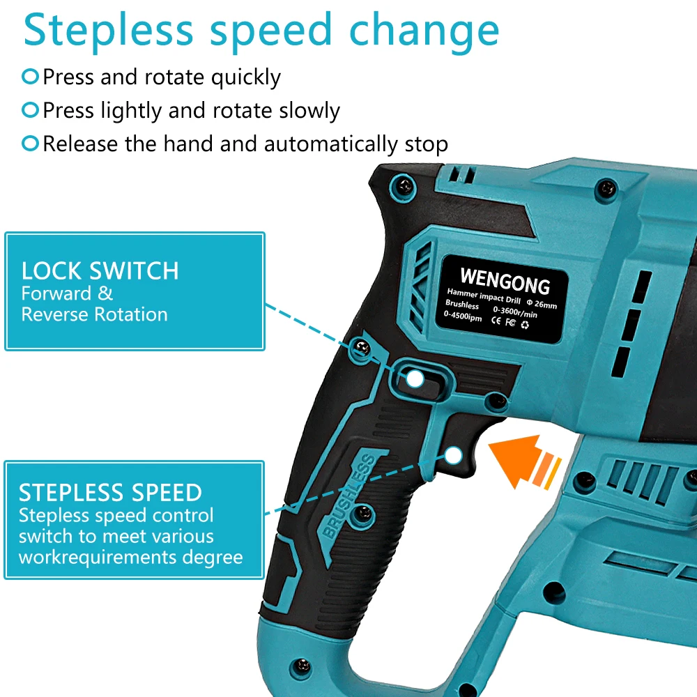 18V 26MM Brushless Cordless Electric Hammer Drill  3500RPM Impact Drill Multifunctional Rotary Electric Pick Drill Power Tools 5