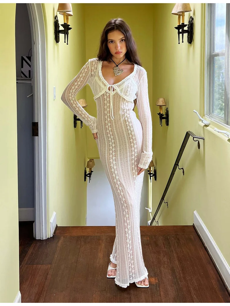 Vestido largo elegante con escote en V y mangas largas para mujer, vestido de fiesta de noche con aberturas, vestido halter de moda de verano 2025