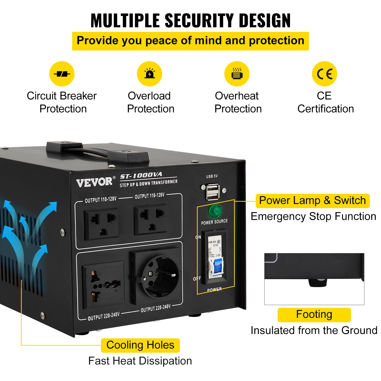 VEVOR lépés Felfelé Molyhosság Transzformátor feszültség átalakító 1000/2000/3000/5000 VA vel 4 Váltóáram kivezetések & USB jacket számára Elektromos appliances