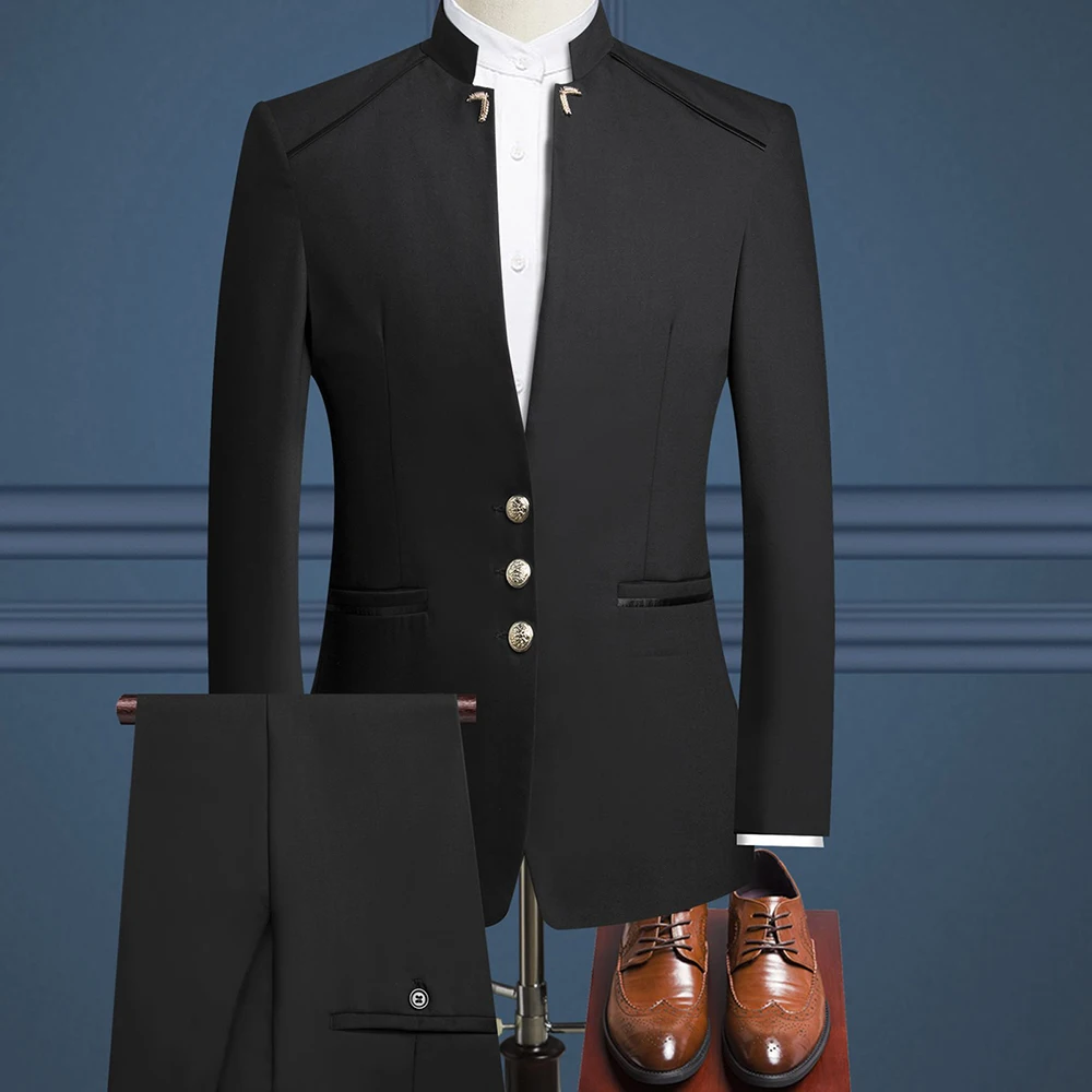 

Men's Suits 2 Pieces Black Solid Color Nostalgic Clothes ZhongShan Suit Stand-up Collar Gold Button Blazers Wedding Prom Suit