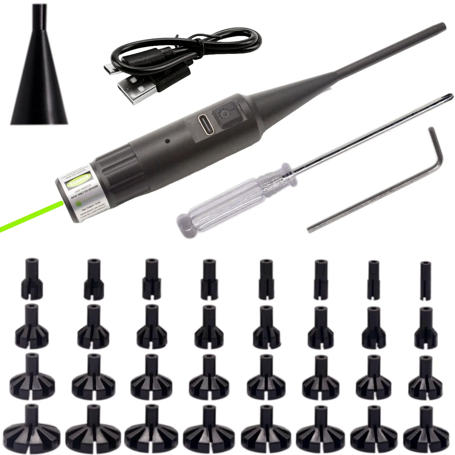 32pcs Rechargeable Laser Bore Sight Kit.177 .22 Caliber to.78 12GA Caliber Laser Pointer Collimator Universal Bore Sighter