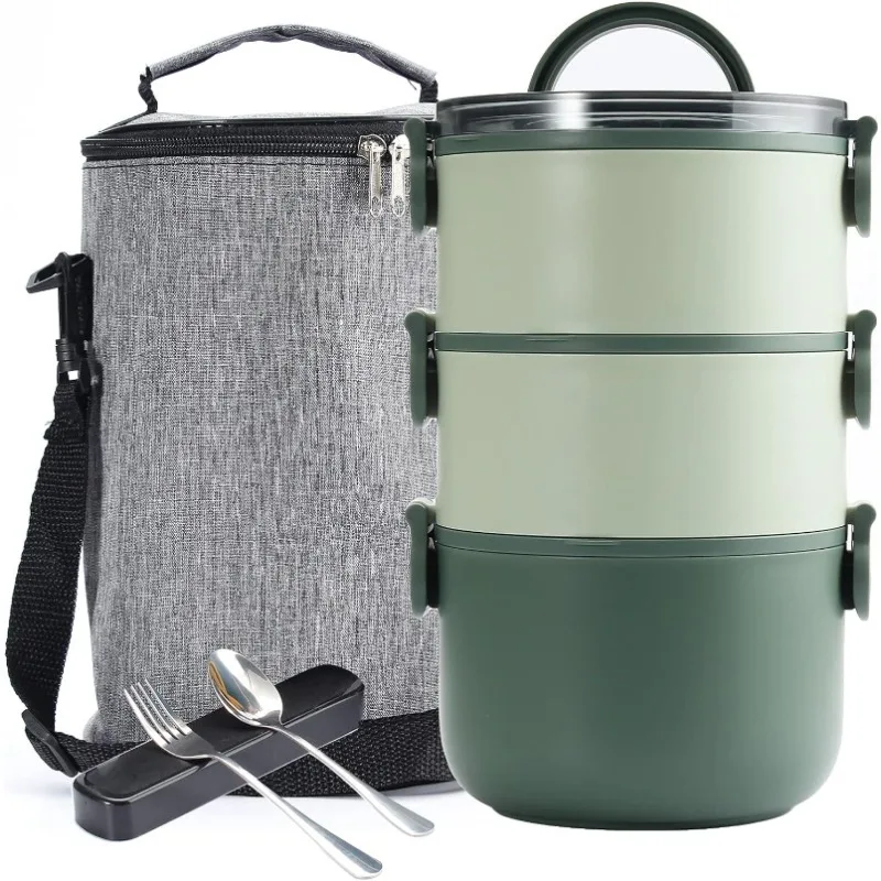 

3 Tier Stainless Steel Thermal Bento Lunch Box With Lunch Bag & Utensils, Compartment Lunch Container For Adults(Green)