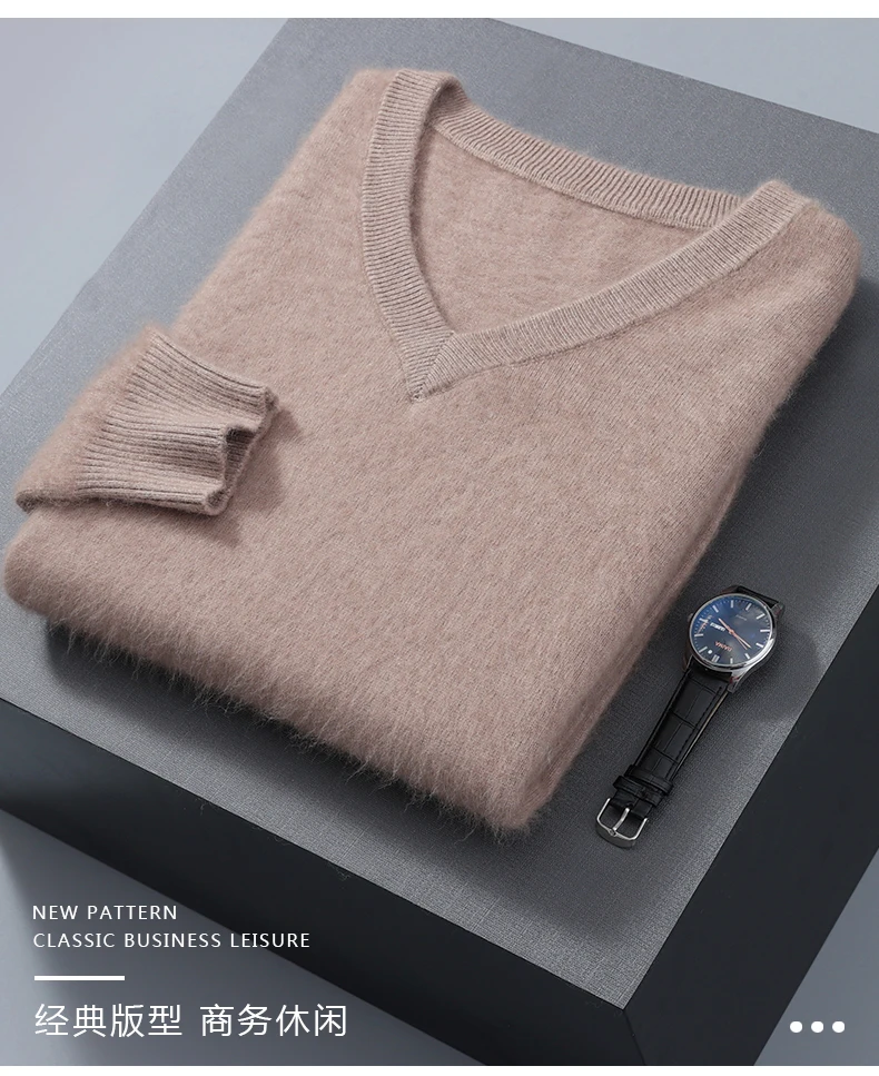 Description Picture 5 of itemMen's 100% Pure Mink Cashmere Sweater V-neck Pullover Knit Bottoming Shirt Autumn And Winter New Long-Sleeve High-End Mink Tops