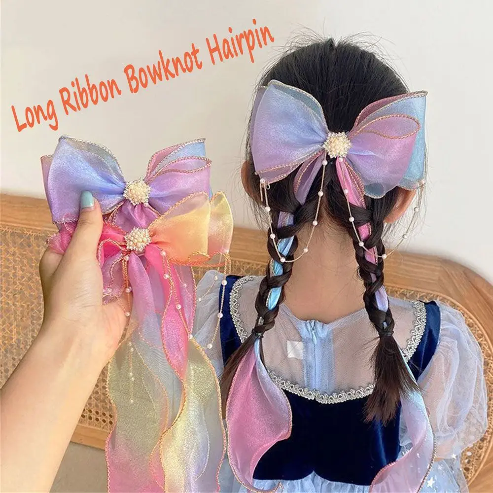 

Hair Accessories Gradient Color Rainbow Barrettes Lace Bow Hair Clips Braided Hairpin Long Ribbon Hairpin Princess Hairpin