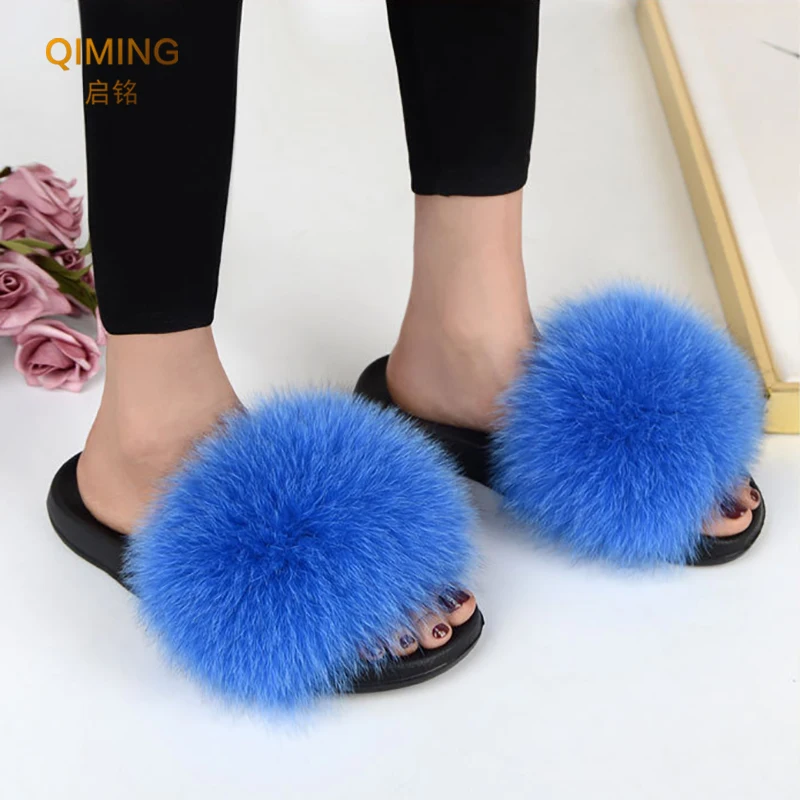 Summer Fur Slippers Raccoon Furry Real Fur Slides For Women Outdoor Plush Fluffy Cozy Open Toe Fuzzy Flip Flops Cute Sandals
