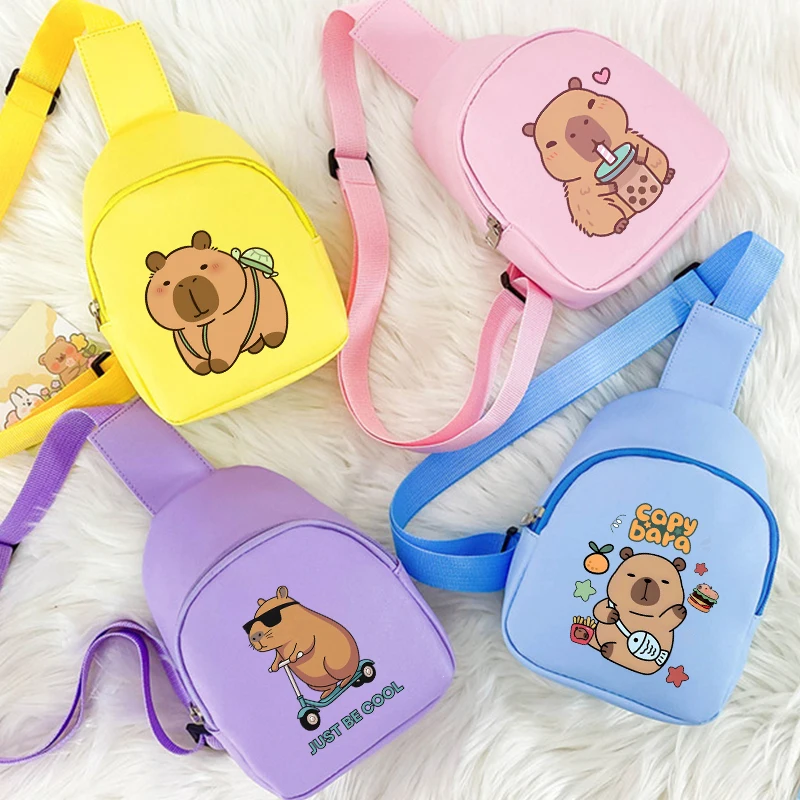 Capybara Girl's Mobile Phones Shoulder Bag Cute Anime Print PU Leather Chest Pack Street Casual Crossbody Bag Kids Kawaii Party