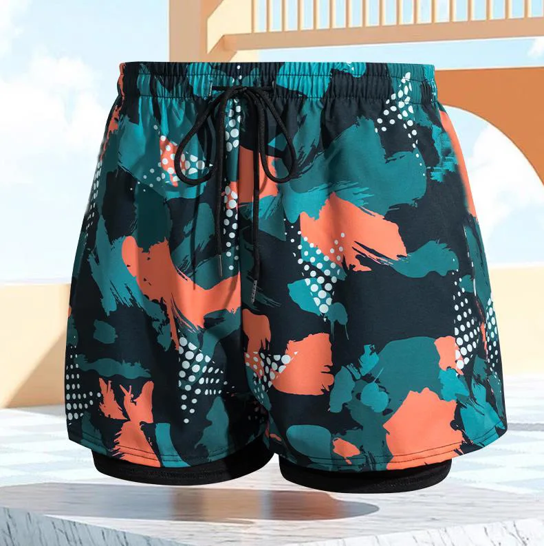 ملابس سباحة فضفاضة وعصرية للرجال بطبقة مزدوجة مضادة للمحريرة، ملابس سباحة سريعة الجفاف لمدة خمس دقائق، سباحة رياضية على الشاطئ