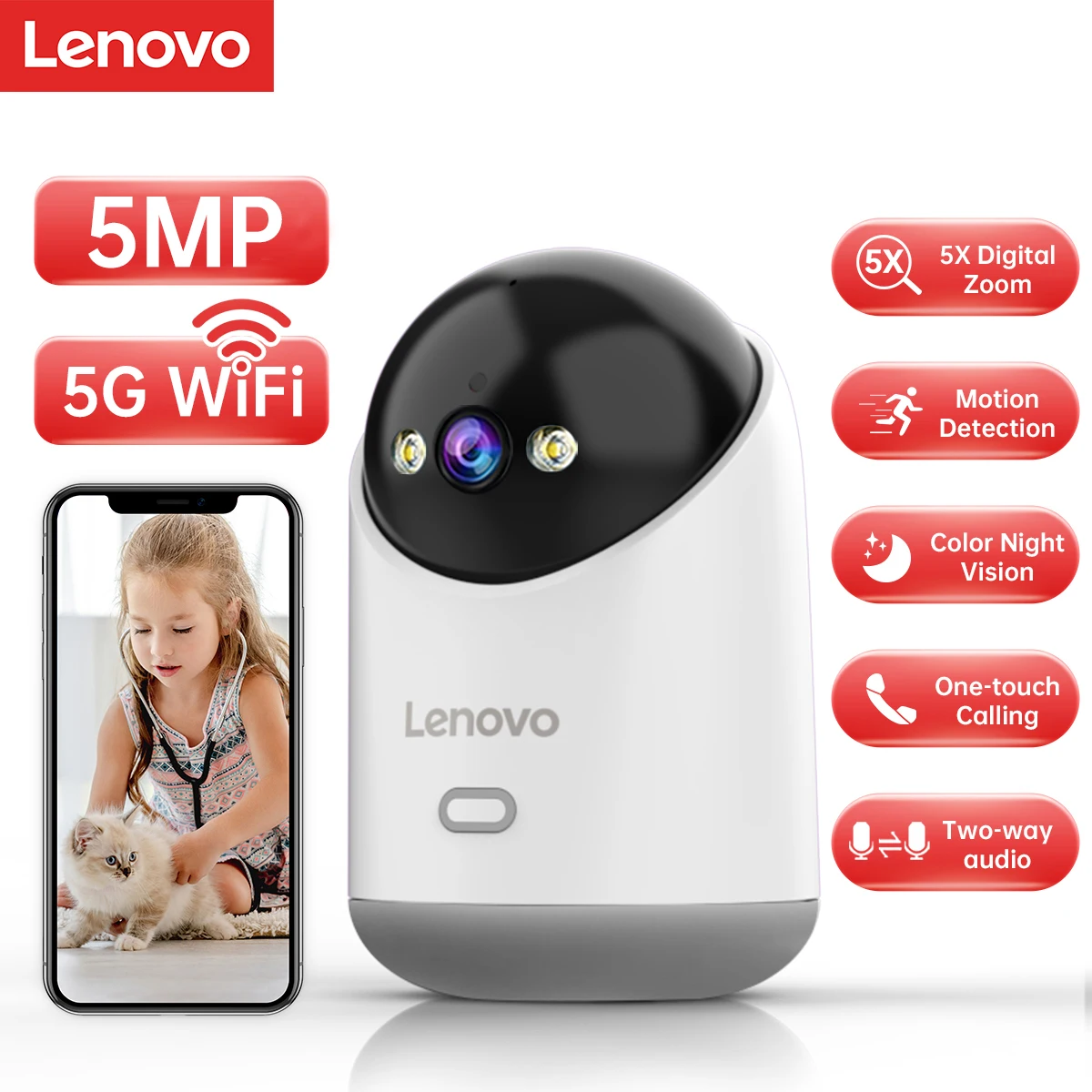 Lenovo 5MP WiFi カメラスマートホーム屋内 IP カメラフルカラーナイト自動追跡セキュリティ CCTV 監視ベビーモニター