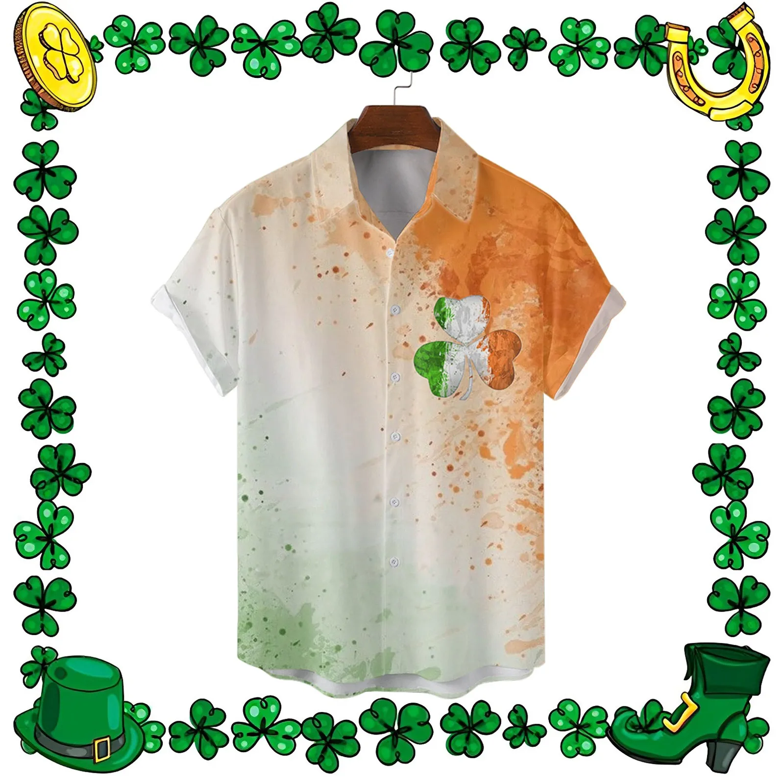 

Men's shirt lapel-neck vacation shirts St-Patrick-Day Blouses Short-Sleeve Tops Irish-National-Day Green Clover Hombre camisas
