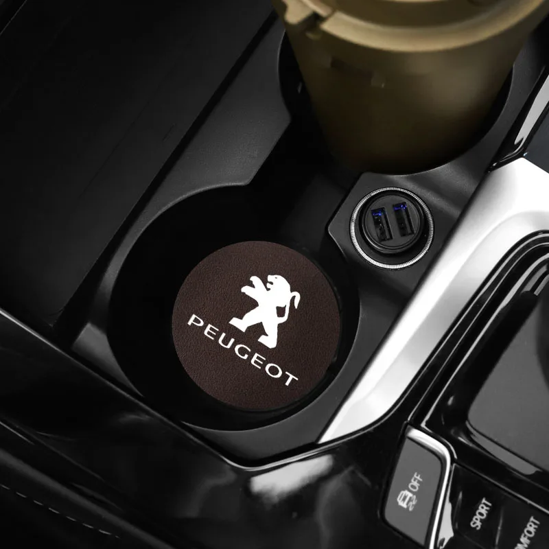 2Pcs PU Leather Car Cup Mat Auto Emblem Coaster Accessories For Peugeot 307 206 106 508 208 407 301 207 107 406 308 607 205 408