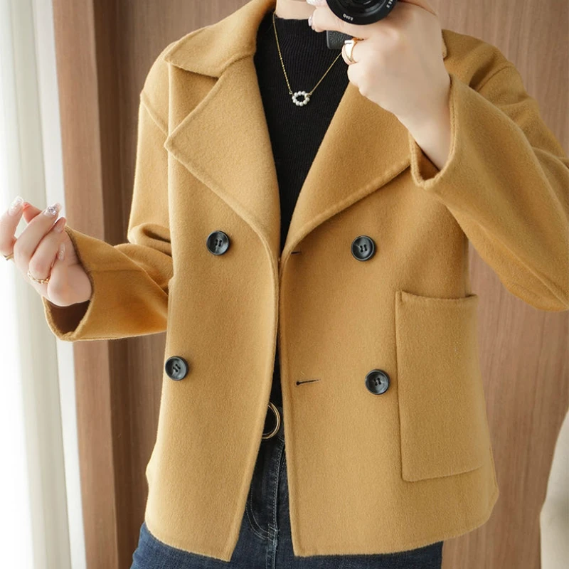 Women's Double-Sided Cashmere Coat, Loose Short Coat, Monochromatic Outerwear, Female Fashion, Temperament, Autumn, Winter,2024