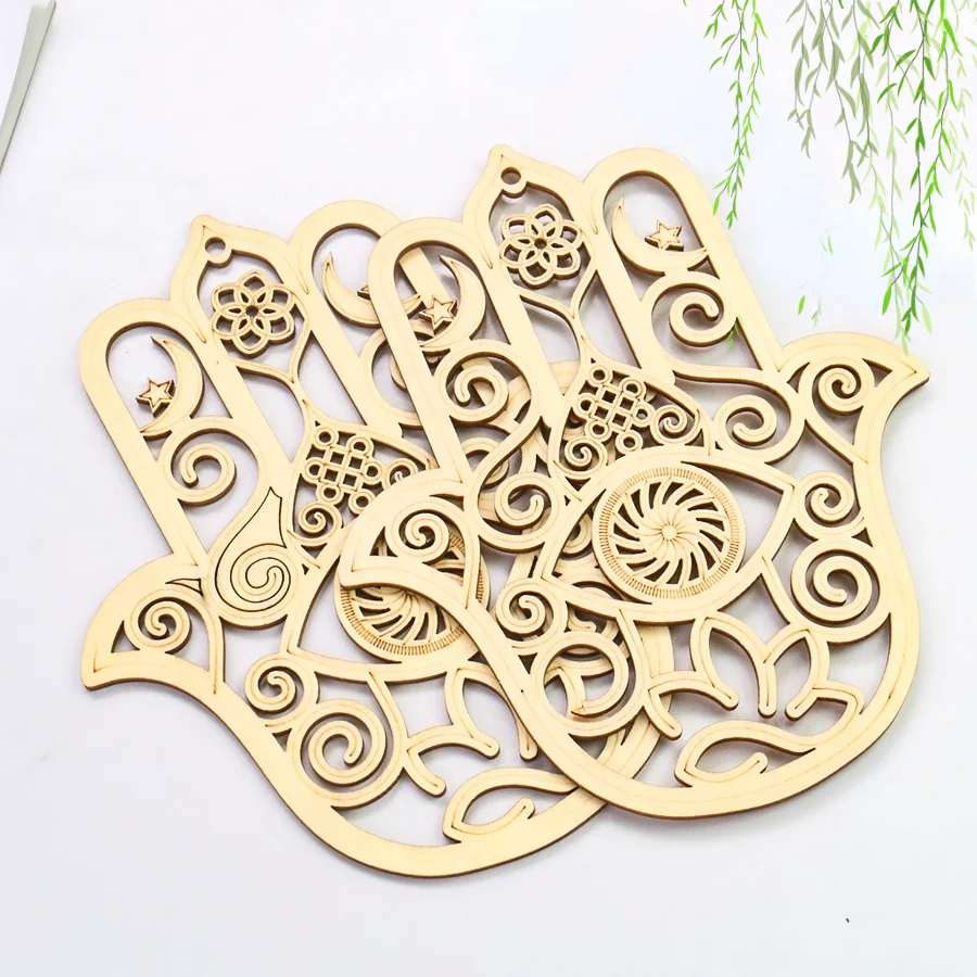 2pcs Fatima Hand Wooden Geometric Pattern Wall Hanging Art Crafts Evil Eye Log Ornaments Meditation Yoga Healing Home Decoration