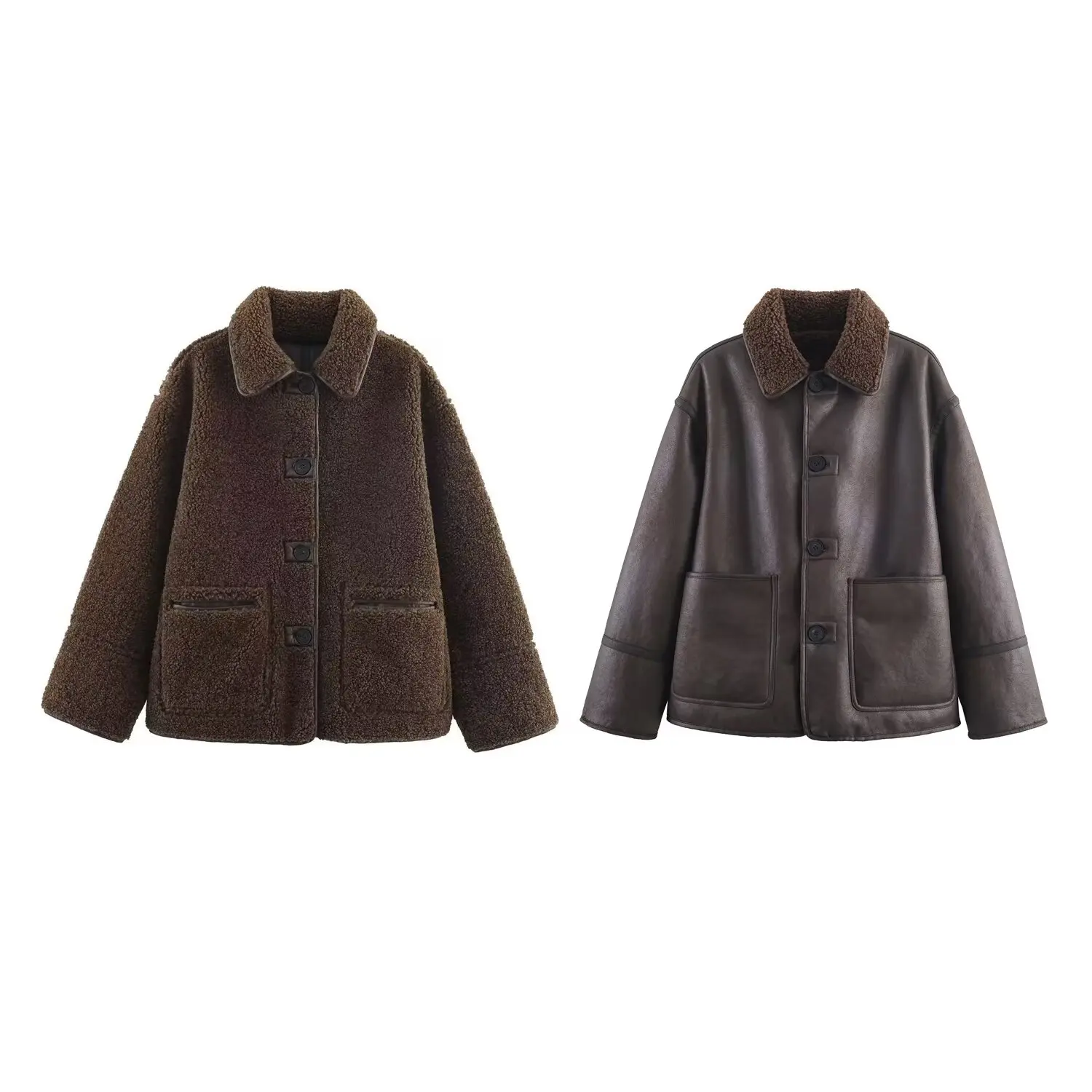 Women Warm Jacket - Casual Streetwear Single Breasted Lapel Collar Coat With Button Decoration