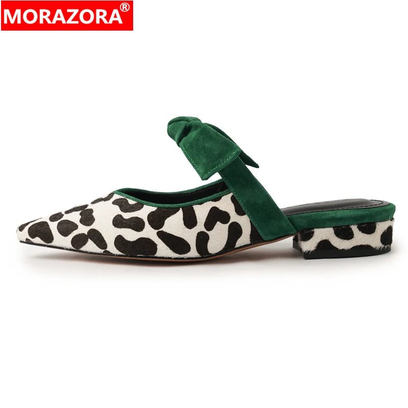 MORAZORA New Horsehair Women Slippers Bowtie Pointed Toe Leopard Print Square Low Heels Summer Casual Footwear Fashion Mules