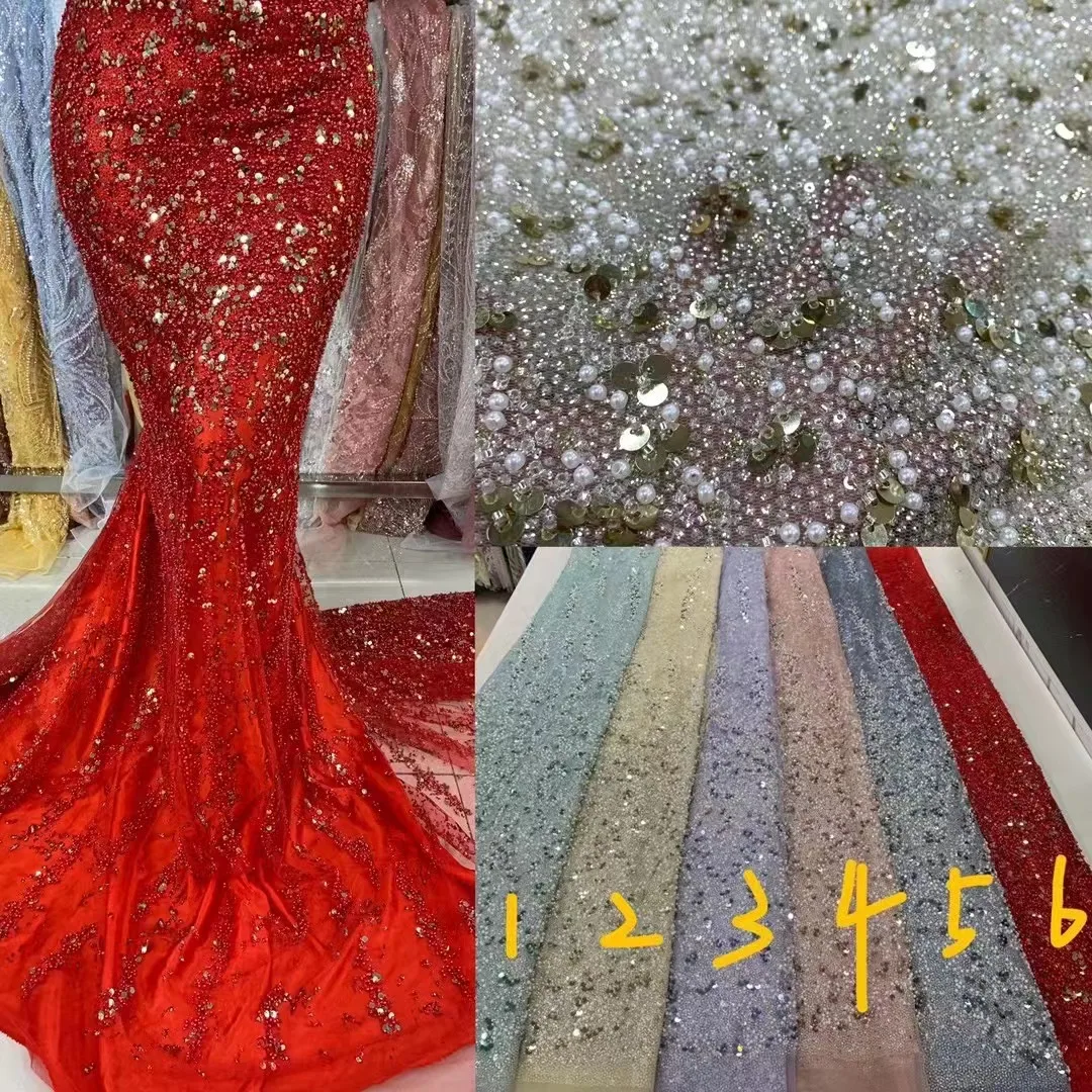 

Роскошная красная французская Тюлевая кружевная ткань, африканская кружевная ткань с бусинами, кружевная ткань 2023, Высококачественная нигерийская кружевная ткань для свадьбы YY194