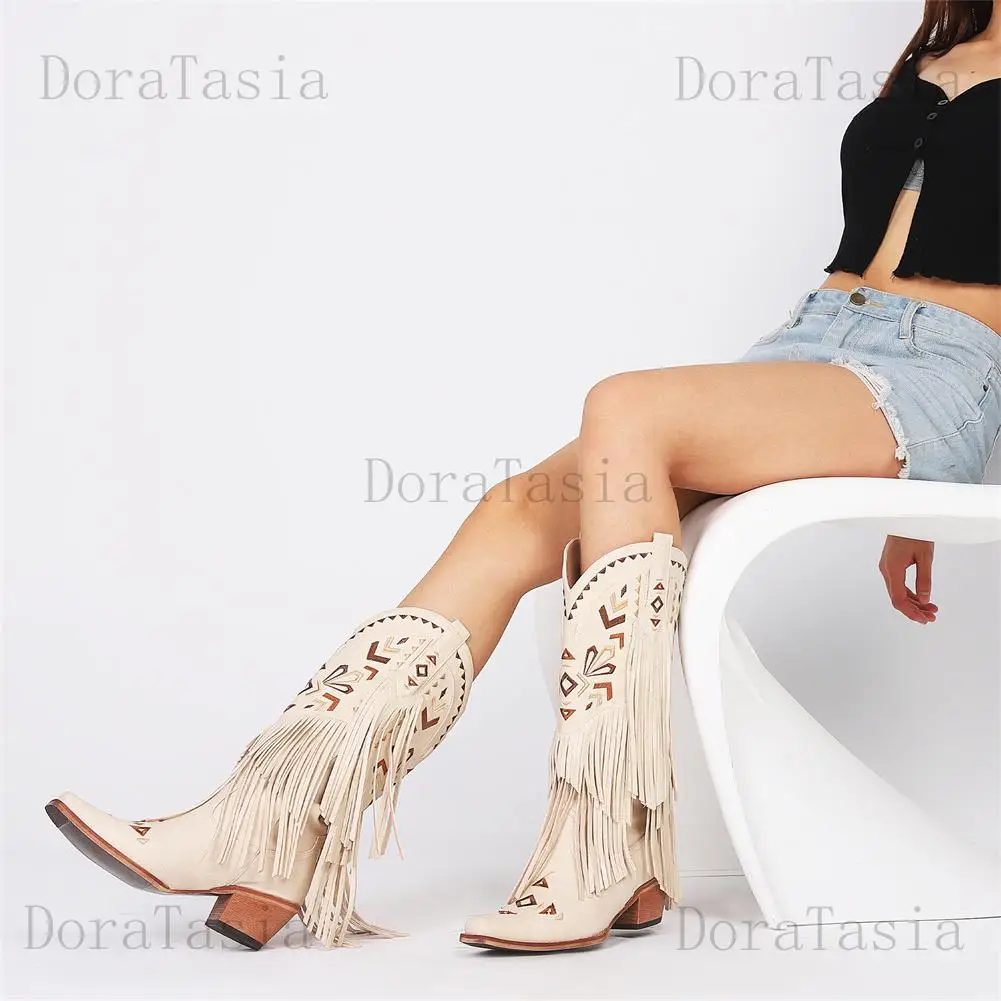 Brand Ladies Pointed Toe Mid-Calf Cowboy Boots Cowgirl Fashion Tassel Fringe Embroider Chunky Heel women's Boots Vintage Shoes