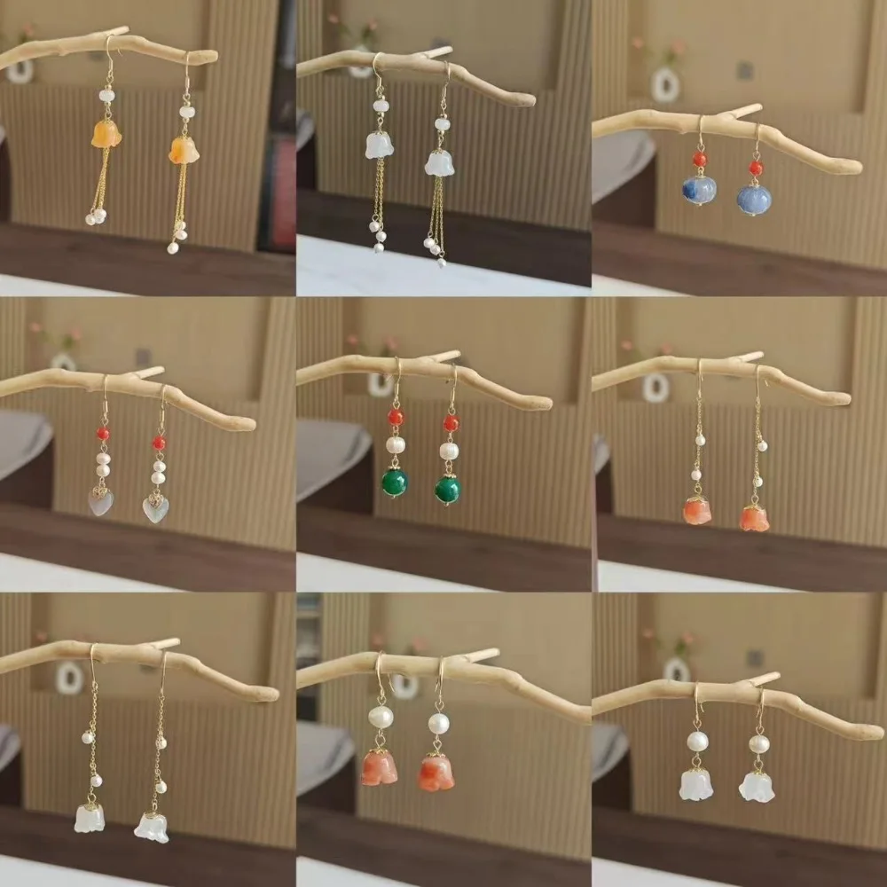 

Retro Flower Shaped Jade Pendant Earrings for Women Elegant Design Luxury Jewelry Pearl Agate Tassel Long Earring Creative Gift