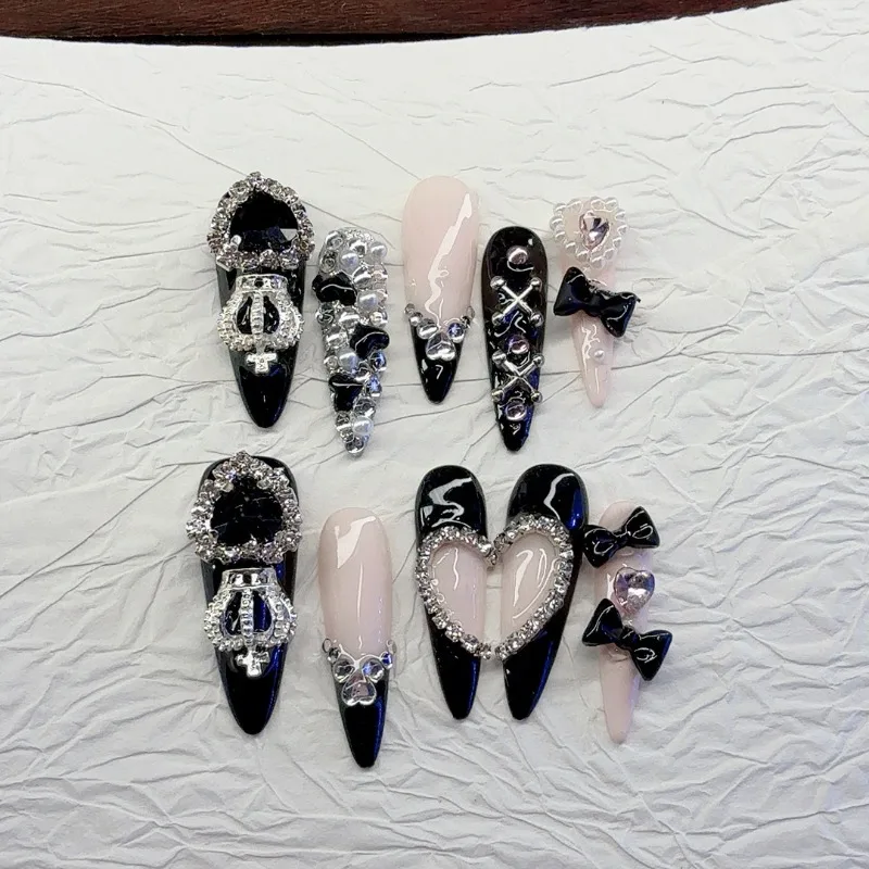 새로운 10개 수제 프레스온 네일 스파이시 걸스 블랙 핑크 롱 아몬드 모양 가짜 손톱 착용 가능한 헤비메탈 보우 디자인 인조 손톱 도구