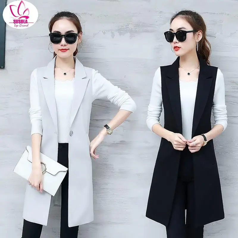 

SUSOLA Elegant Suit Vest Women Spring Autumn Sleeveless Long Vest Jacket Colete 3XL Blazer Vest Coat Women Waistcoat