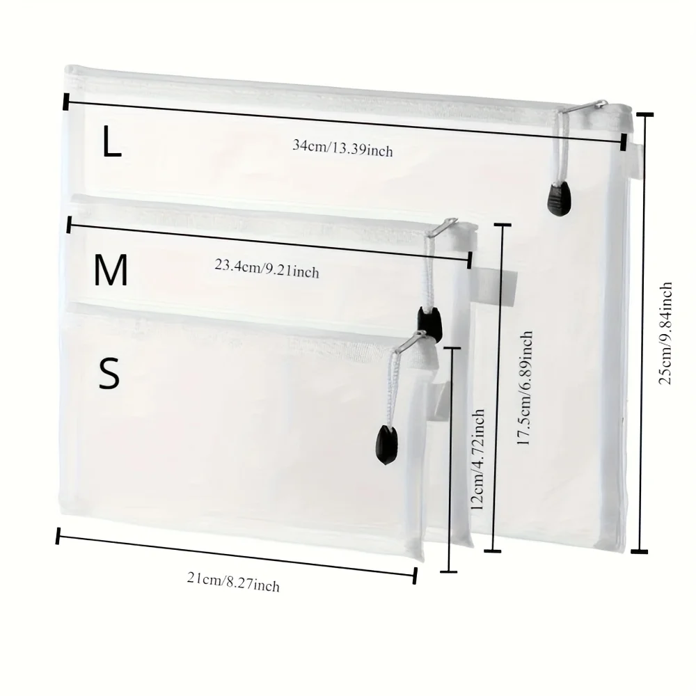 3pcs Zipper Mesh Bags, 3 Sizes, Zipper Mesh Bags, Waterproof Clear Travel Bags, Office Supplies Document Bags With Zipper