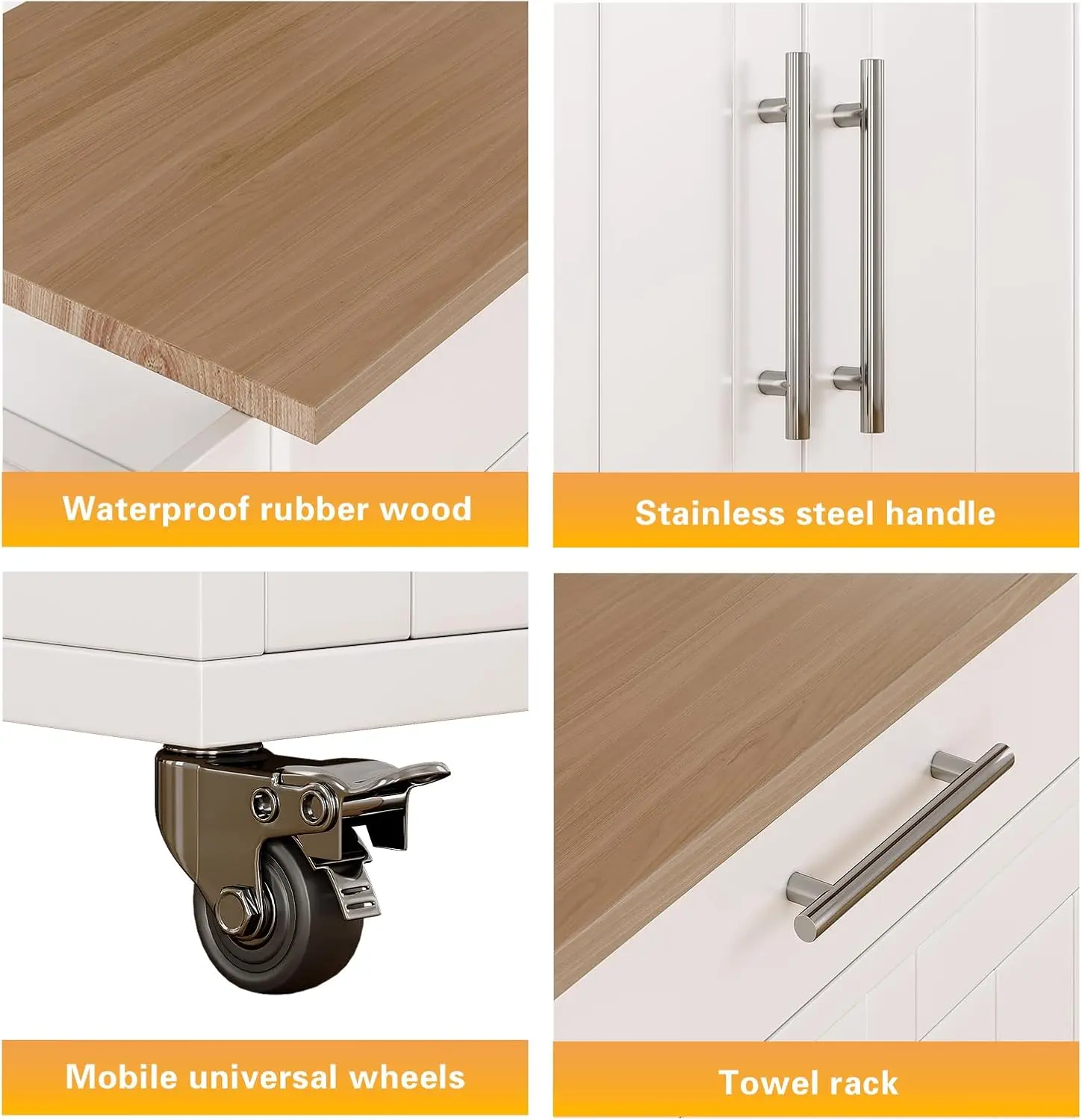 Storage Island, Wooden Rolling Kitchen Island On Wheels with Wood Top, Mobile Kitchen Island Cart with Towel Rack, Spice