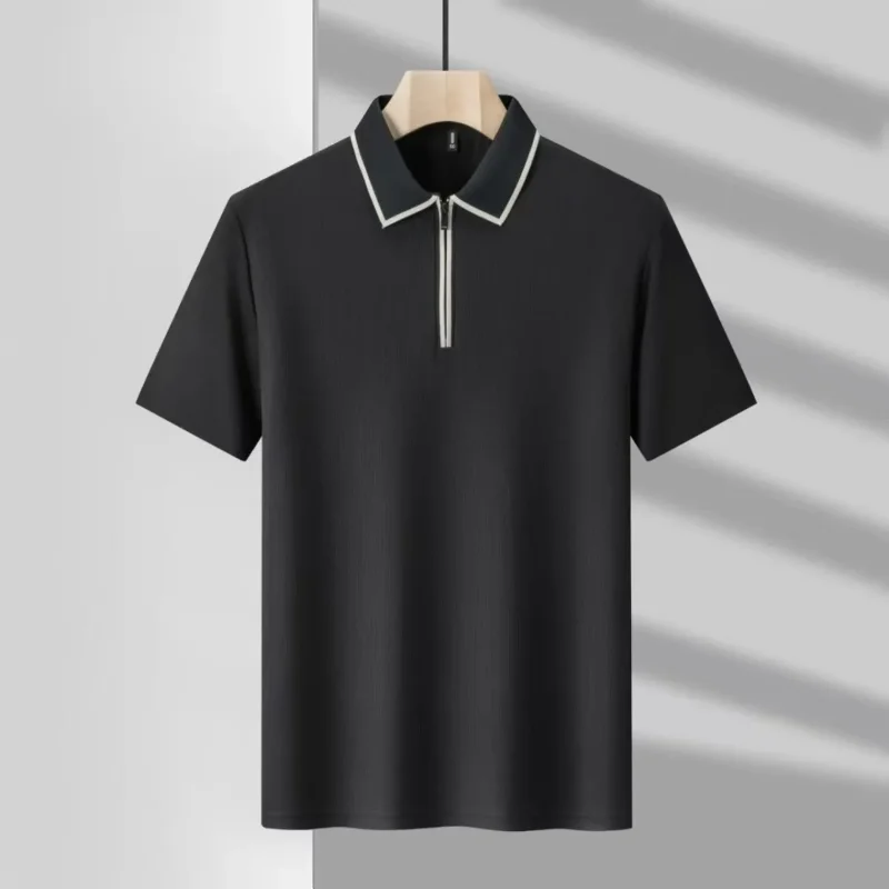 Polo in Maglia da Uomo a Maniche Corte con Mezza Zip e Bordi a Contrasto, T-Shirt Casual Business - immagine 3
