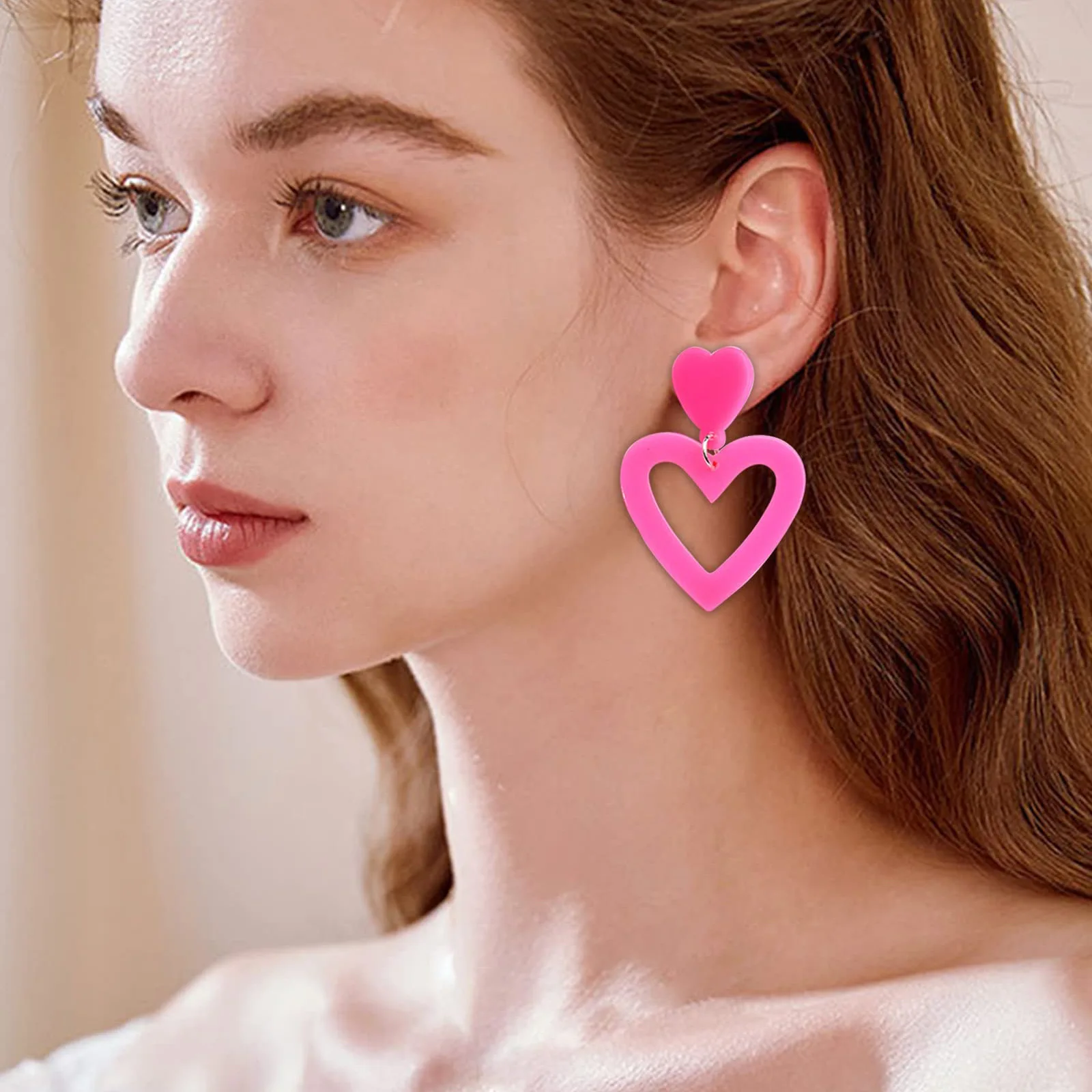 2024 New Y2K Rose Pink Hollow Heart Drop Earrings For Women Korean Sweet Cute Double Love Earring Trendy Girls Jewelry Gifts