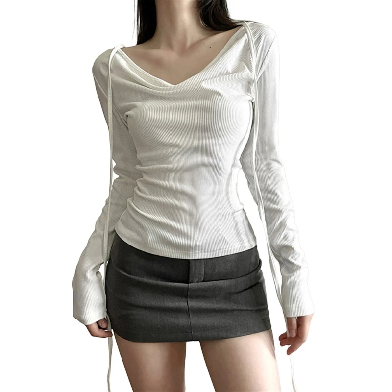 

Сексуальная футболка с длинным рукавом и v-образным вырезом, утягивающая блузка, однотонная повседневная осенняя дорожная для