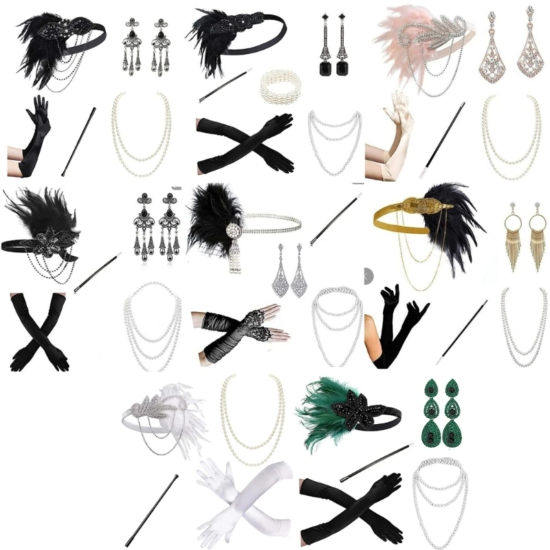 

1920s Gatsby Costume Accessories Set Headband Long Gloves Necklace Props