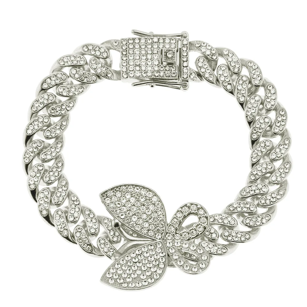 

PW4 Iced Out Cuban Link Chain Bracelet for Women Men Gold Silver Color Bling Rhinestone Bracelet Jewelry