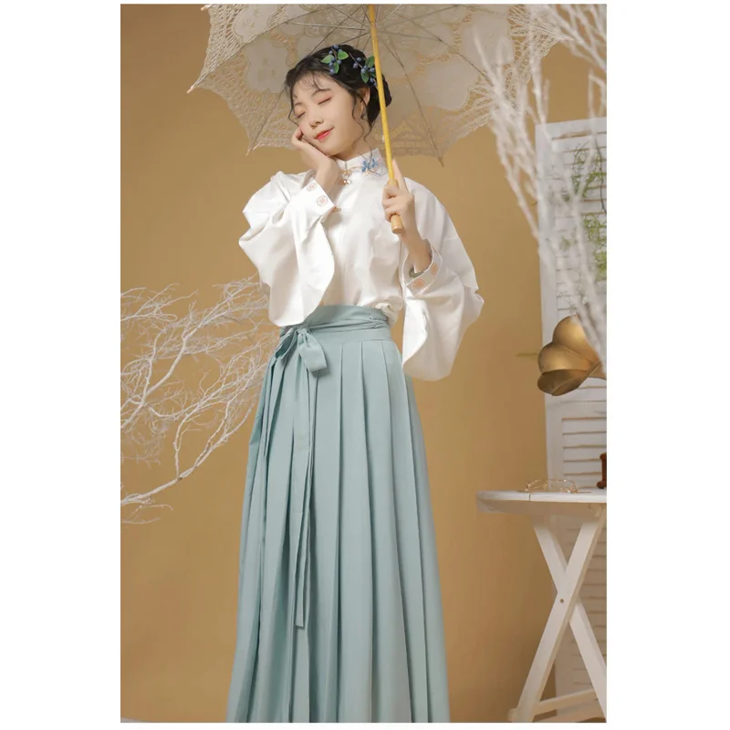 

Chinese Traditional Embroidery Hanfu Casual Costume For Elegant Girl Stand Collar Vintage Clothing Pleated Dress