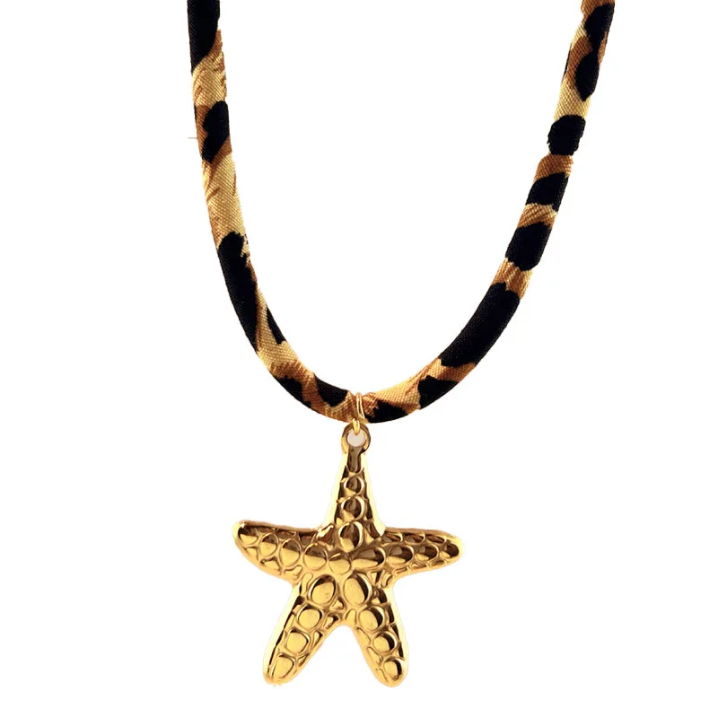 Classic Leopard Print Handmade Spiral Sun Shells Pendant Necklace Women 18K Gold Plated Starfish Imitation Pearl Collar Choker