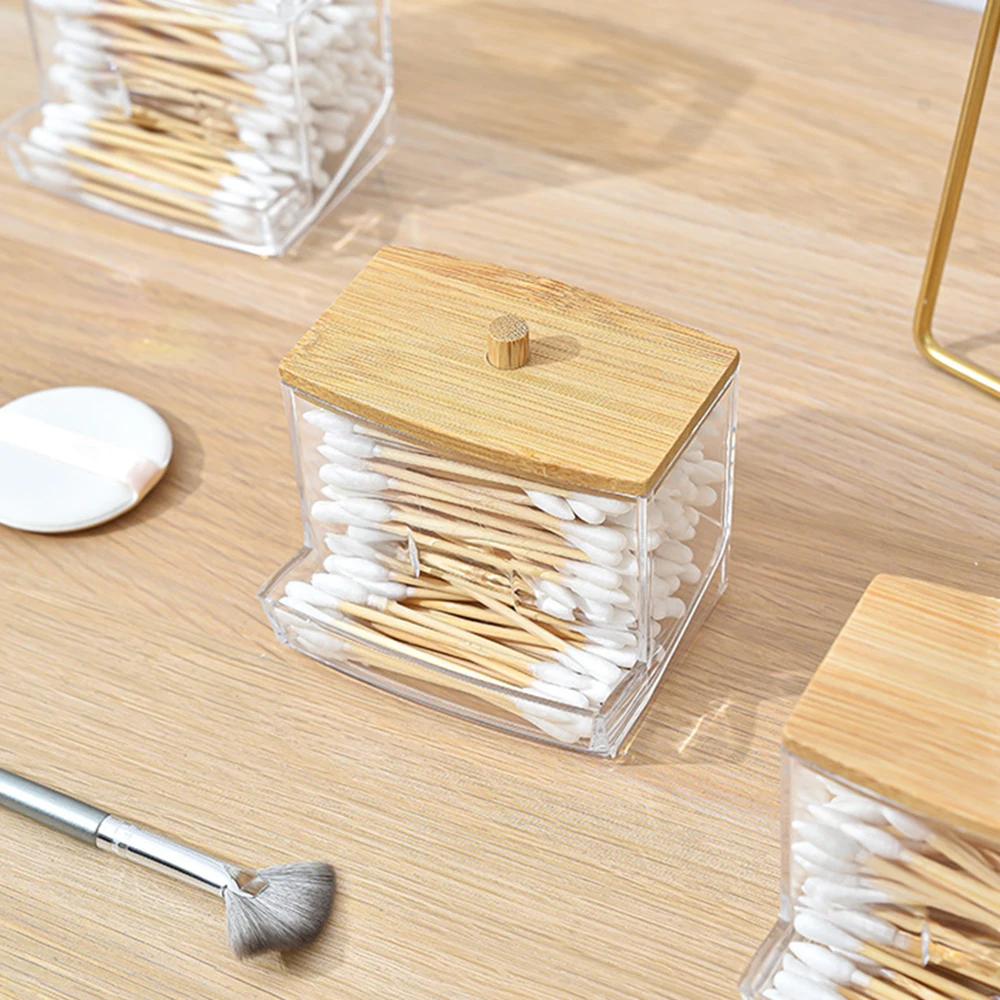 Storage Box 1 Household Cotton Swab Acrylic Square Bamboo Cover Suitable For Bathroom Bedroom Transparent
