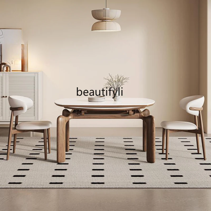 

Nordic Solid Wood Stone Plate Retractable Dining Table Retro Square round Dual-Use Dining Tables and Chairs Set